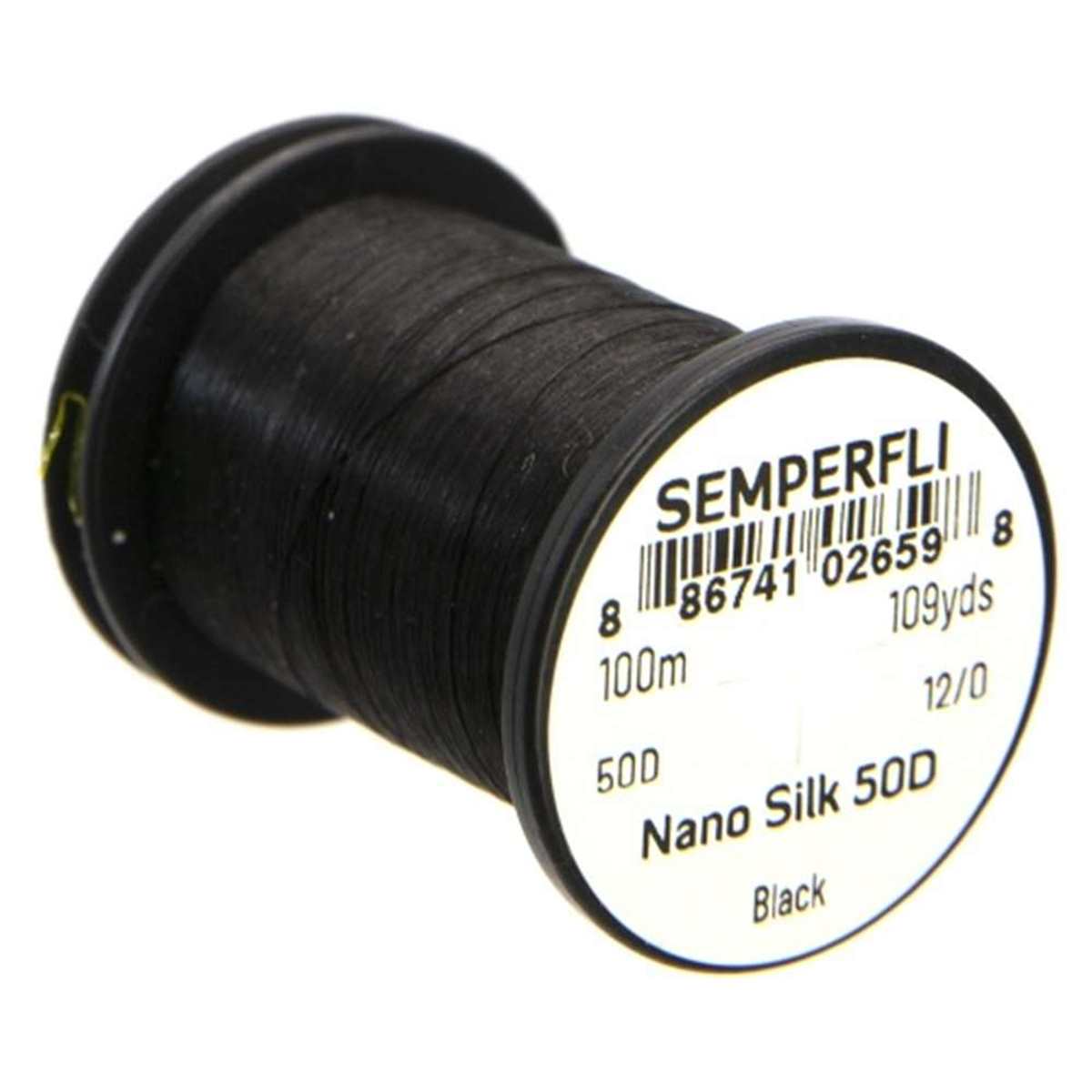 Multiple spools of Semperfli Nano Silk fly tying thread in various colors.