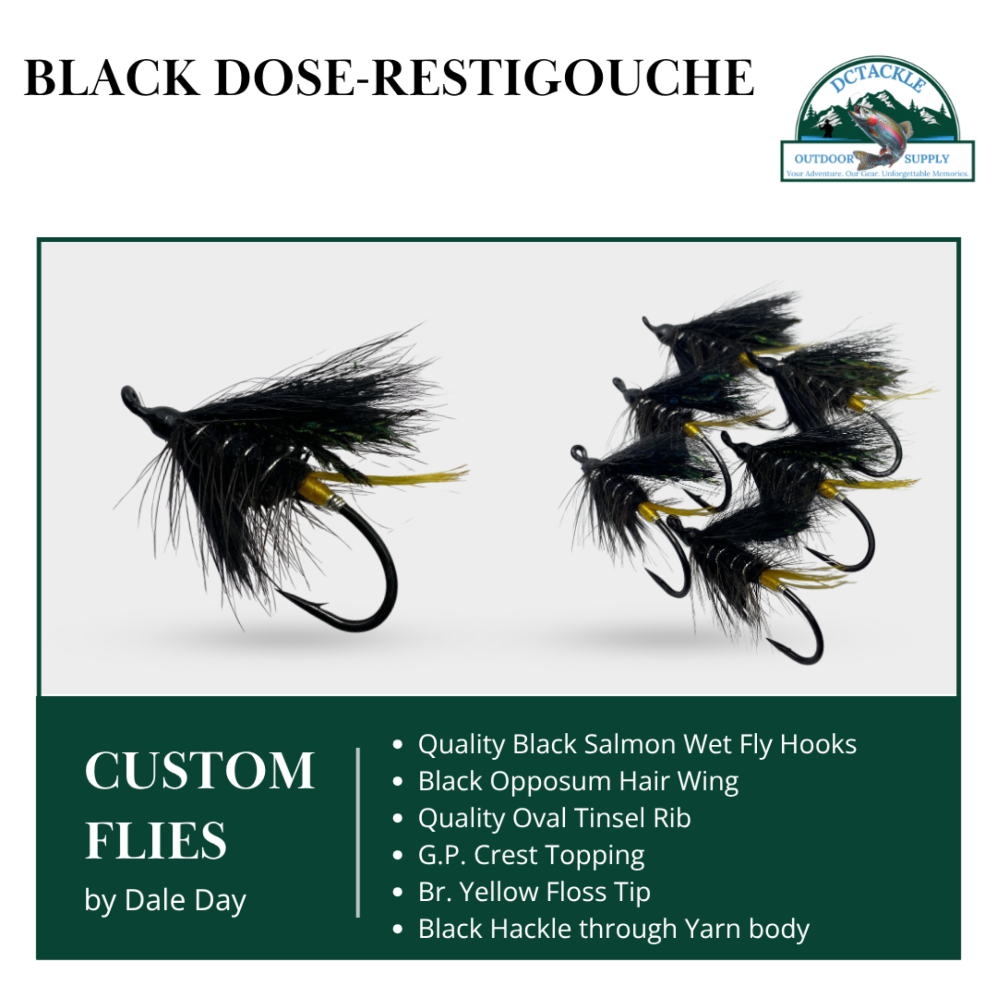 Custom flies with black and yellow details on a white background, featuring Dale Day's branding.