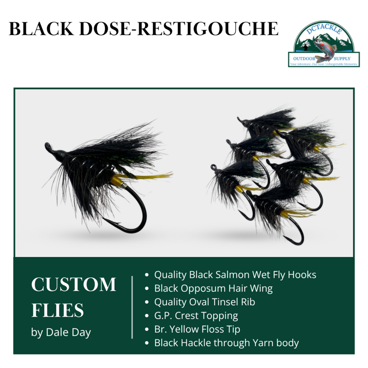 Custom flies with black and yellow details on a white background, featuring Dale Day's branding.