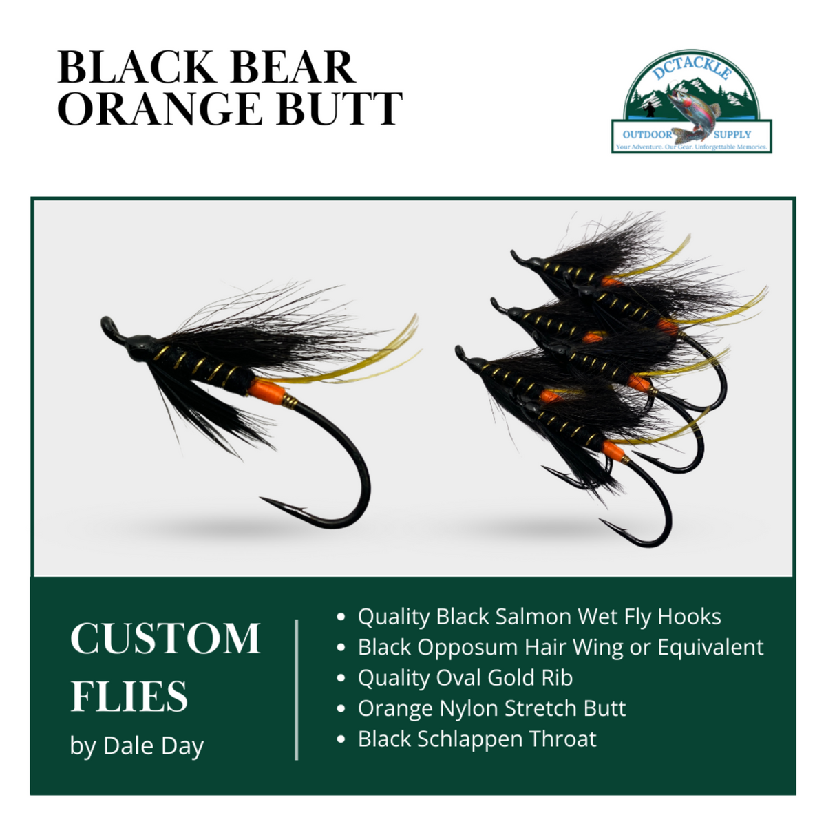Black bear orange butt custom flies with product details on a white background