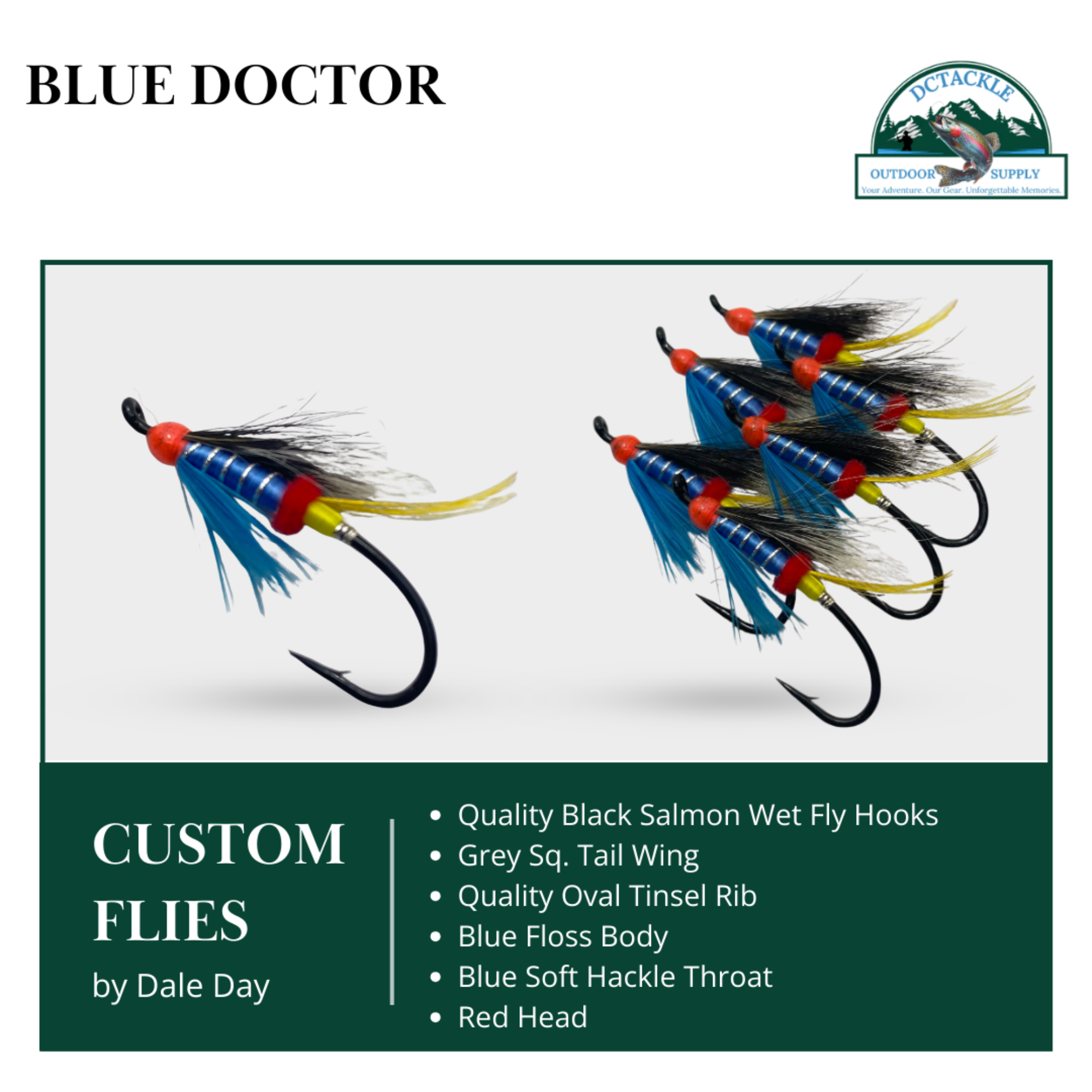 Blue Doctor custom flies with detailed specifications on a white background