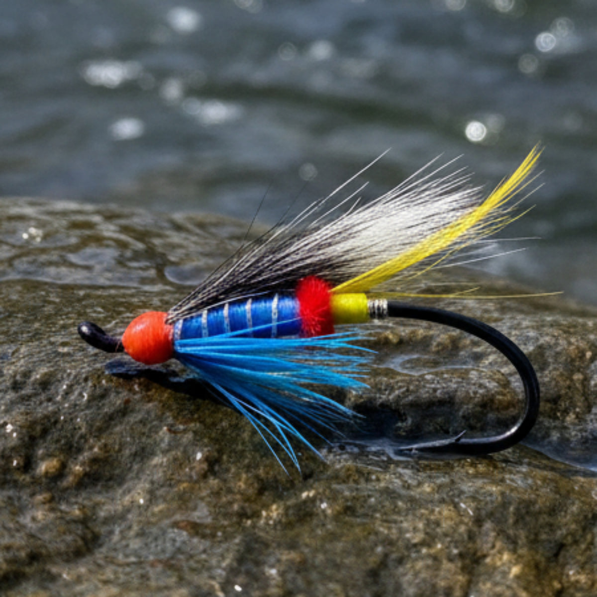 Atalantic ssalmon fly. Blue dcotor. Blue body with silver rib and grey squirrel tail wing. resting on a rock