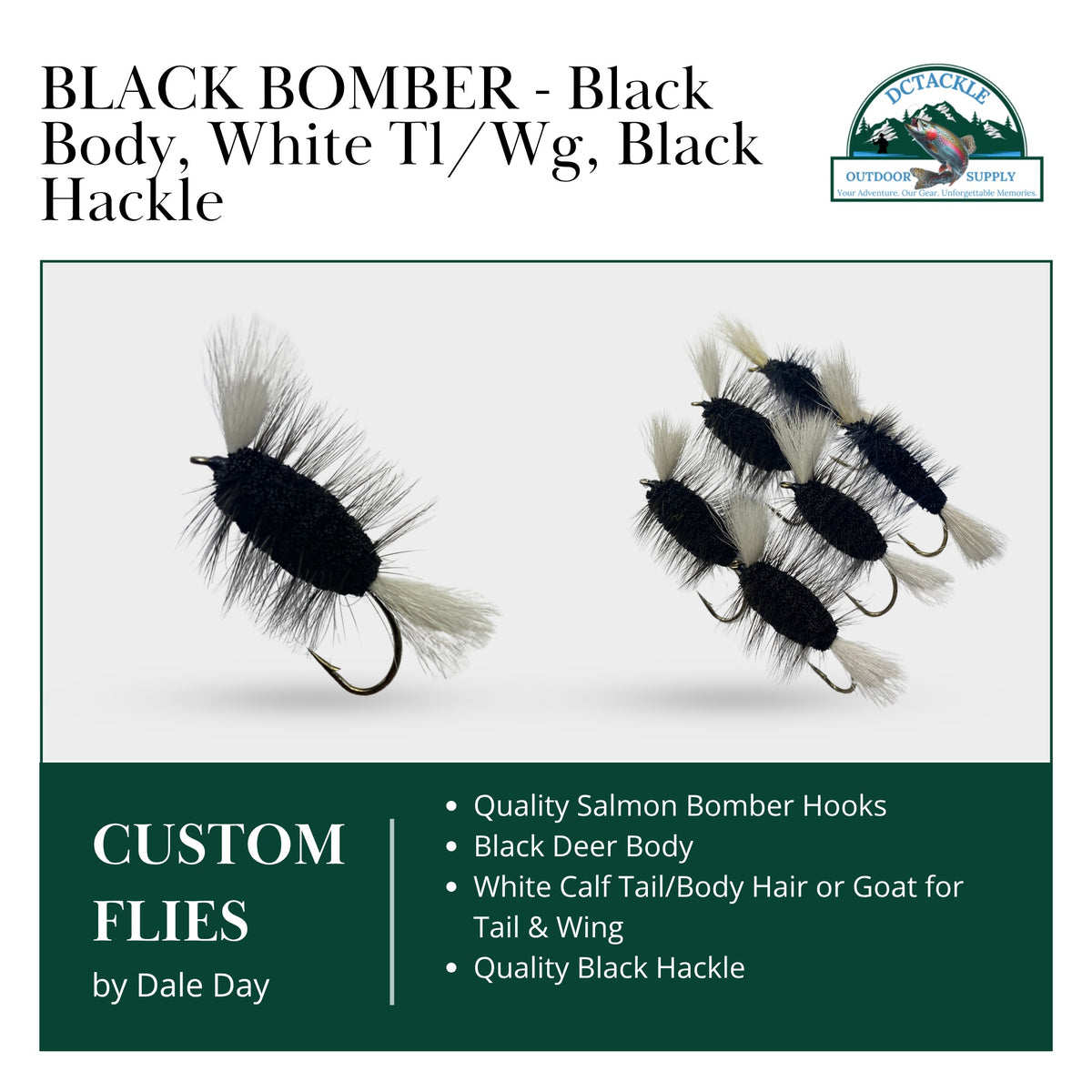 Fishing flies with black body, white tail, and black hackle on a white background 