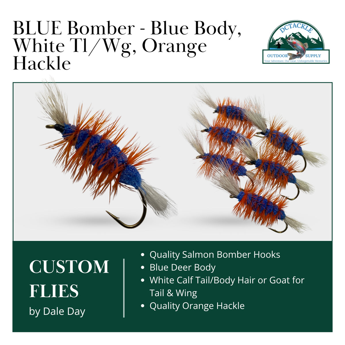 Blue bomber fly fishing flies with text detailing specifications on a white background.