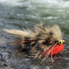 Fishing fly with feathers and a red body on a white background