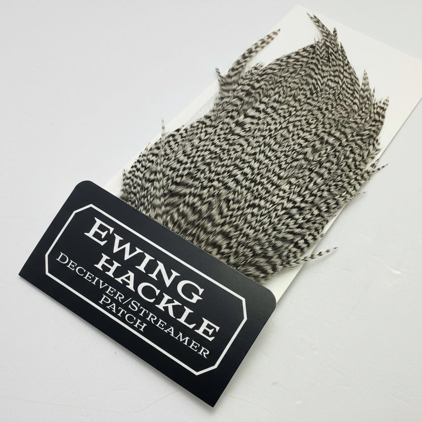 Ewing Hackle feather patch on a white background with brand label.