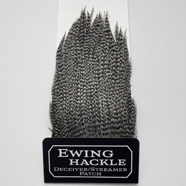 Ewing Hackle feather patch on a white background with 'Ewing Hackle' label.