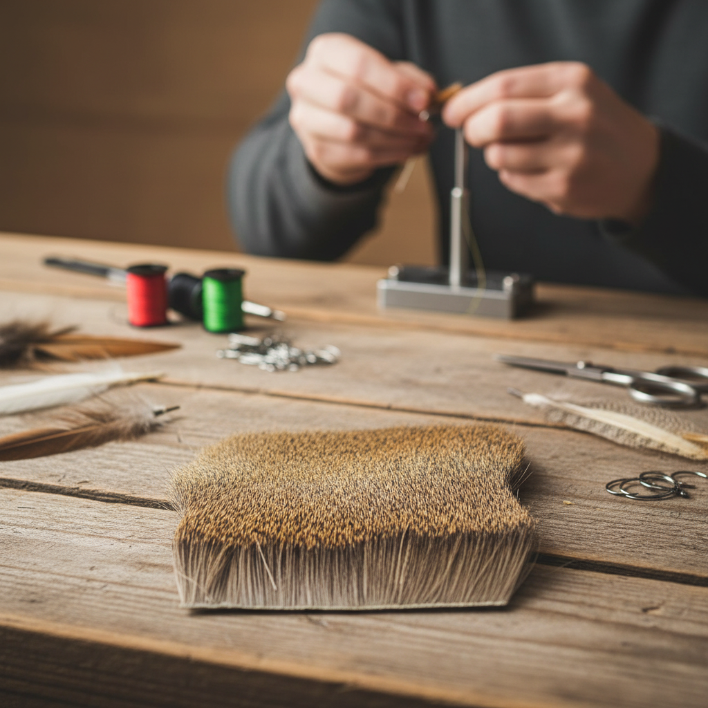Person fly tying with tools and materials on a wooden table using roe deer body hair