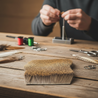 Person fly tying with tools and materials on a wooden table using roe deer body hair