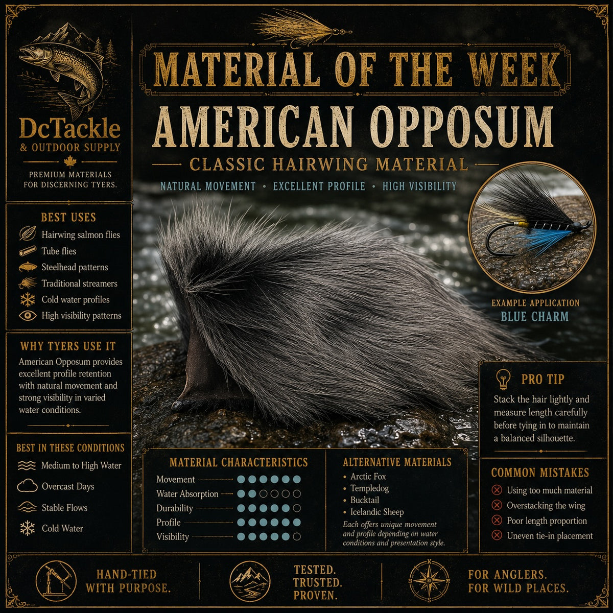 A promotional graphic for American Opposition hairwing material by DcTackle & Outdoor Supply, featuring a dark wood-style poster layout with text, icons, and a close-up photo of dark brown hairwing feathers.