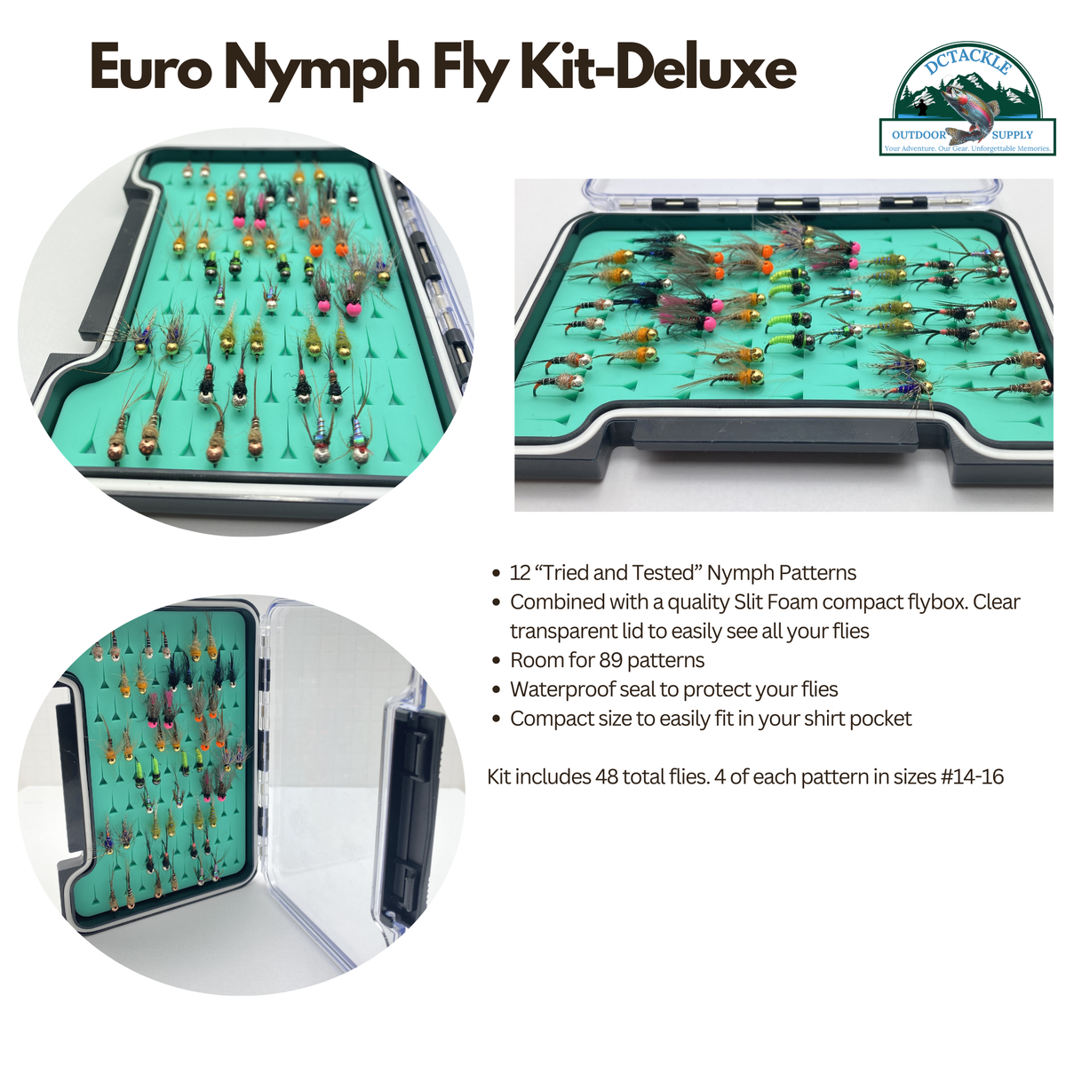 Euro Nymph Fly Kit-Deluxe with detailed features on a white background