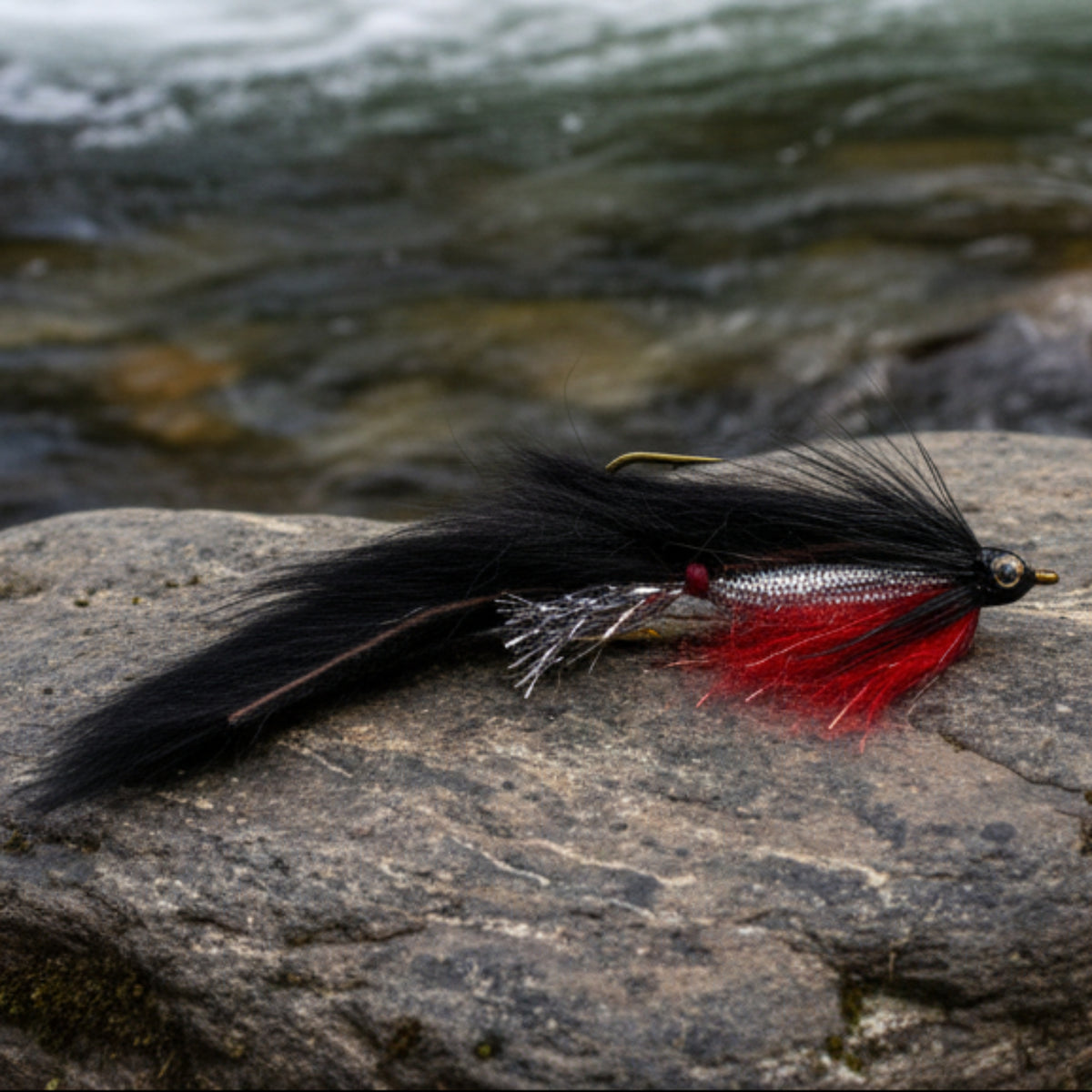 Fishing lure with black, red, and silver details on a light gray background