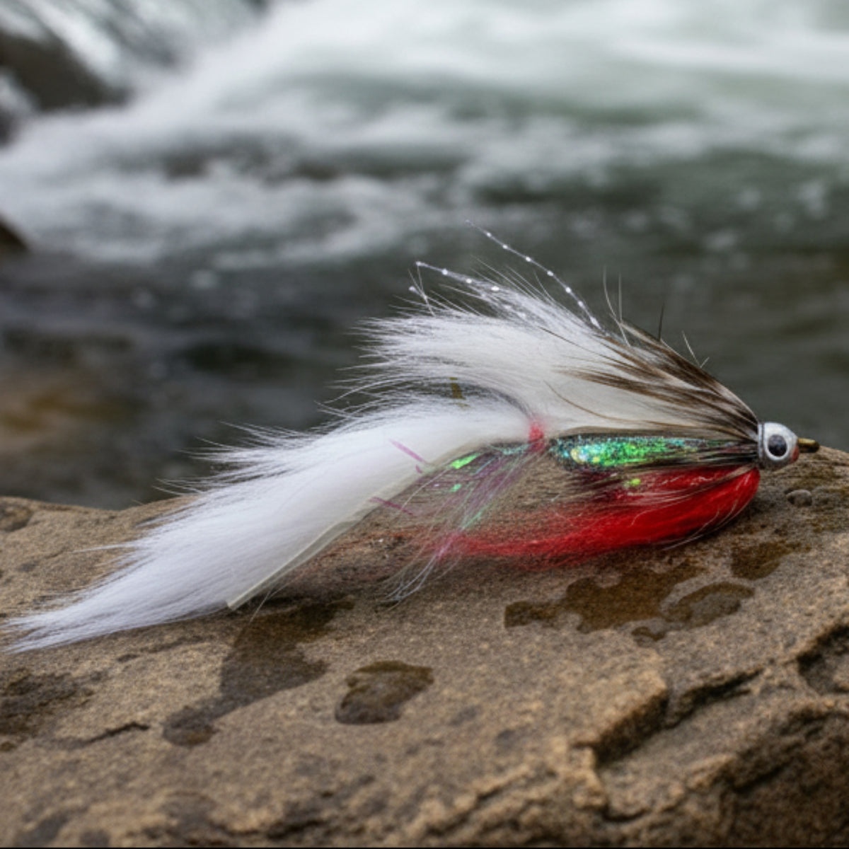 Streamer fly with pearl tube body and white rabbit strip wing