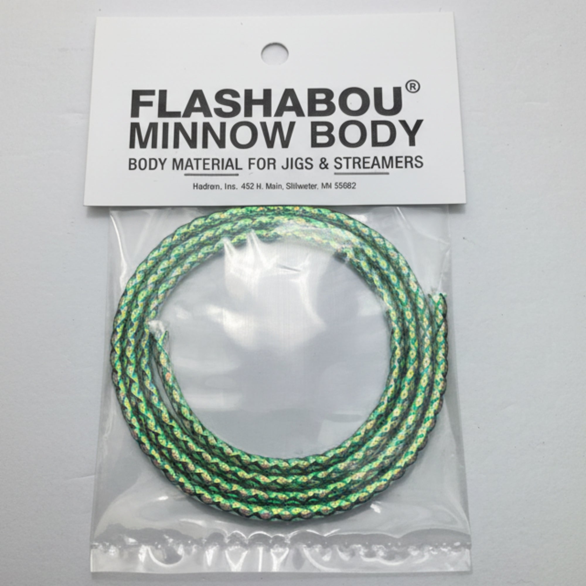 Flashabou Minnow Body fishing material with packaging on a gray background