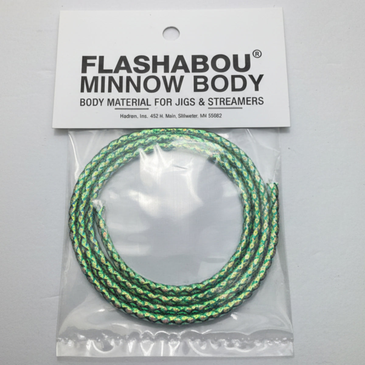 Flashabou Minnow Body fishing material with packaging on a gray background