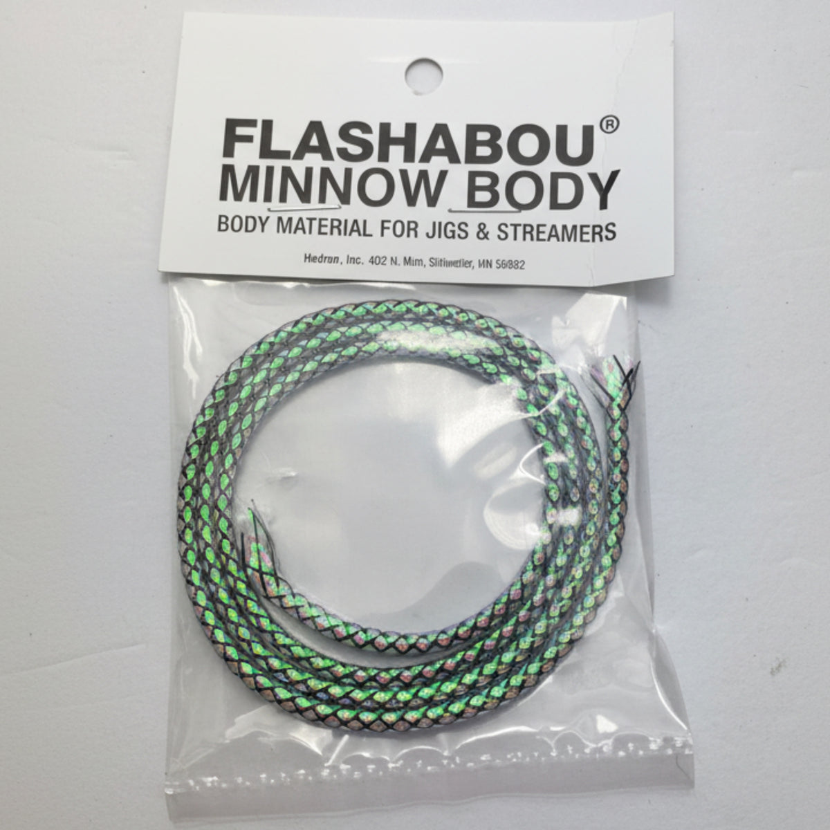 Flashabou Minnow Body fishing material with packaging on a gray background