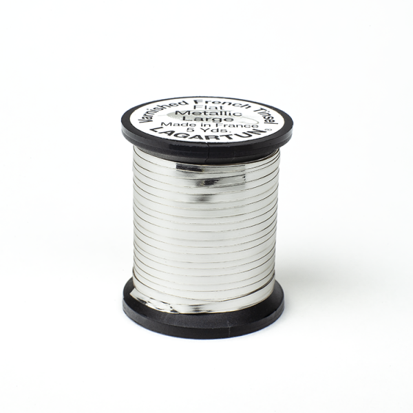 A spool of Lagartun Flat Varnished Tinsel with a metallic gold finish, used for fly tying in fishing.
