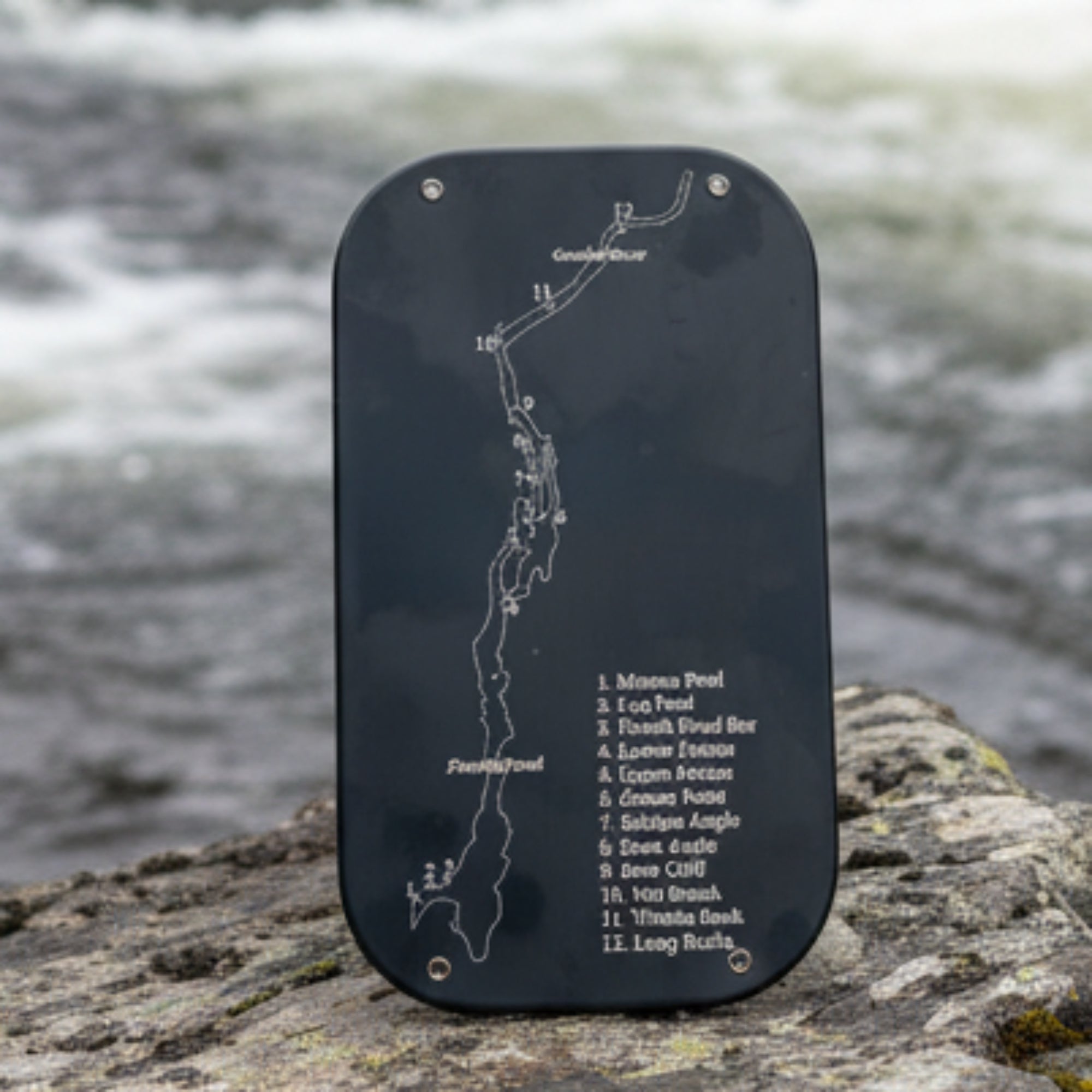 Black metal plate with engraved text and map on a white background