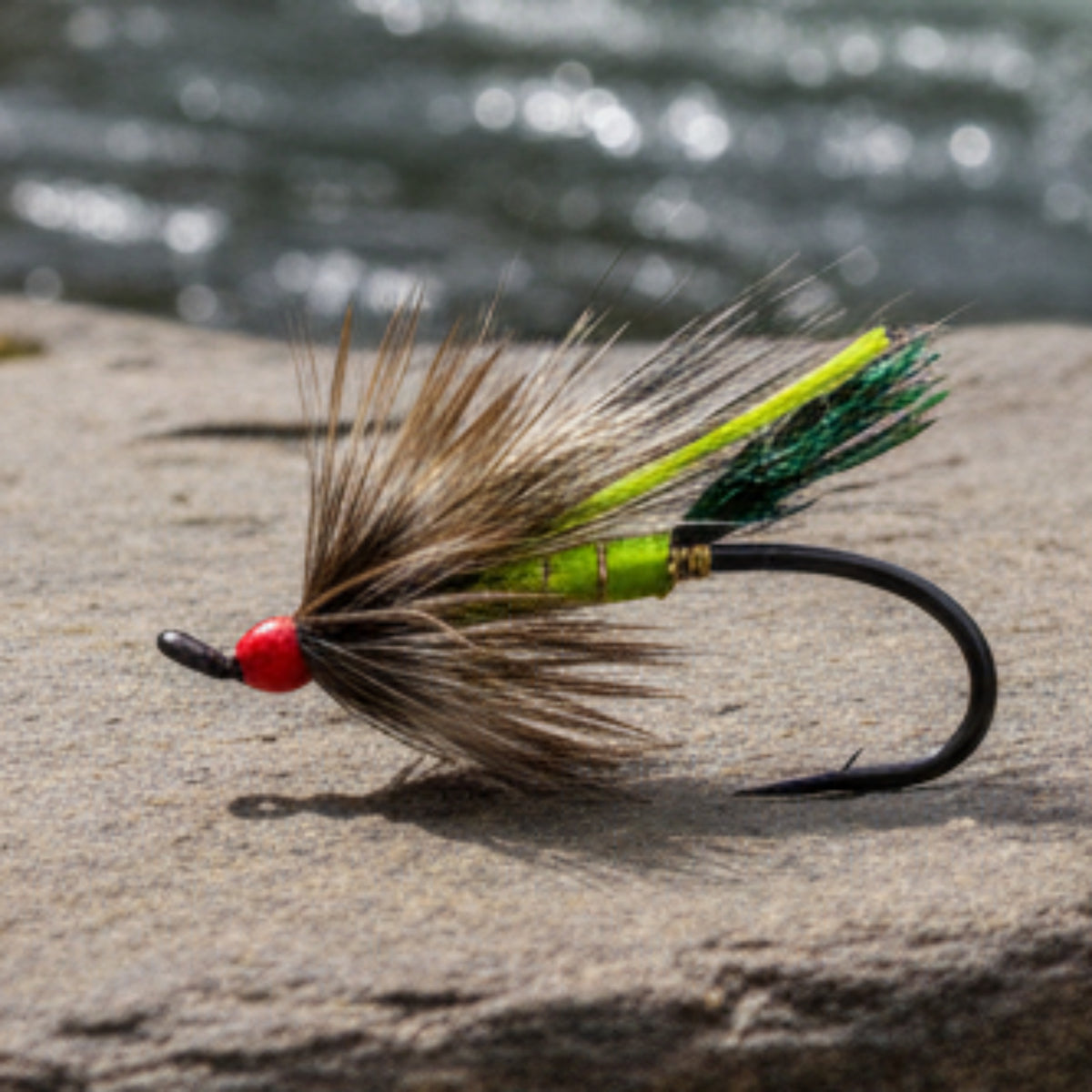 Fishing fly with feathers and a hook on a light gray background