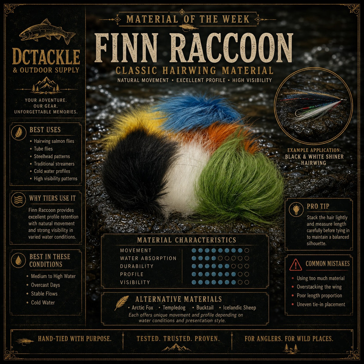 A dark brown, vintage-style informational poster for Dctackle & Outdoor Supply's Finn Raccoon hairwing material. The poster features a colorful, fluffy hairwing specimen in the center, surrounded by text detailing the material's characteristics, best uses, and alternative materials like Arctic Fox and Siberian Sheep.