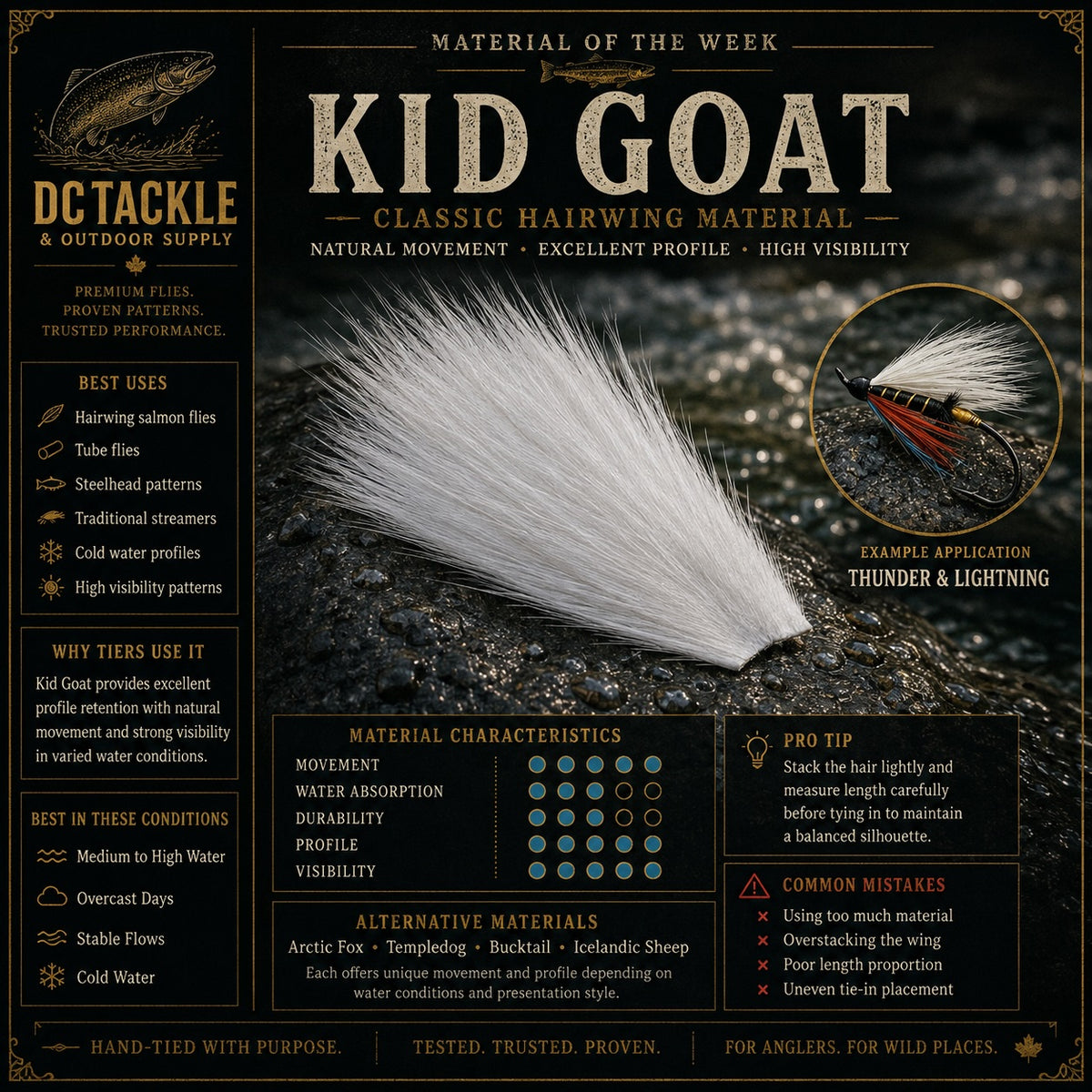 Advertisement for Kid Goat classic hairwing material with product details and usage information.