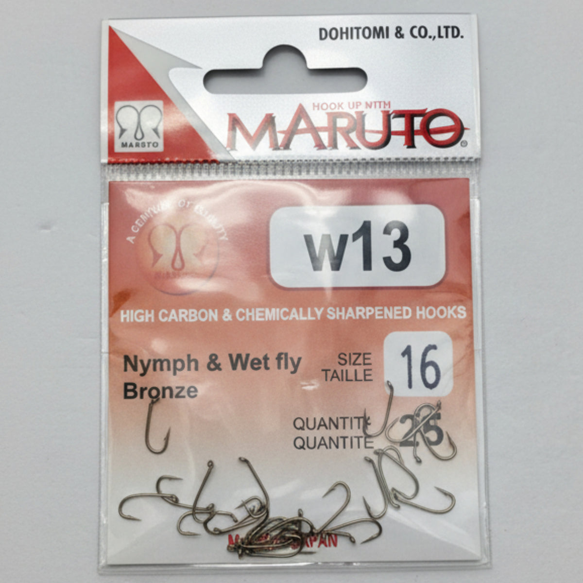 Maruto fishing hook packaging with hooks on a gray background
