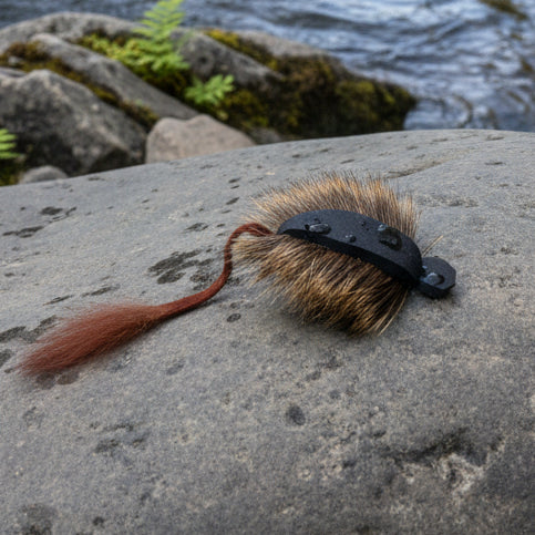 Mouse Mouse fly pattern resting on a rock with river in the background