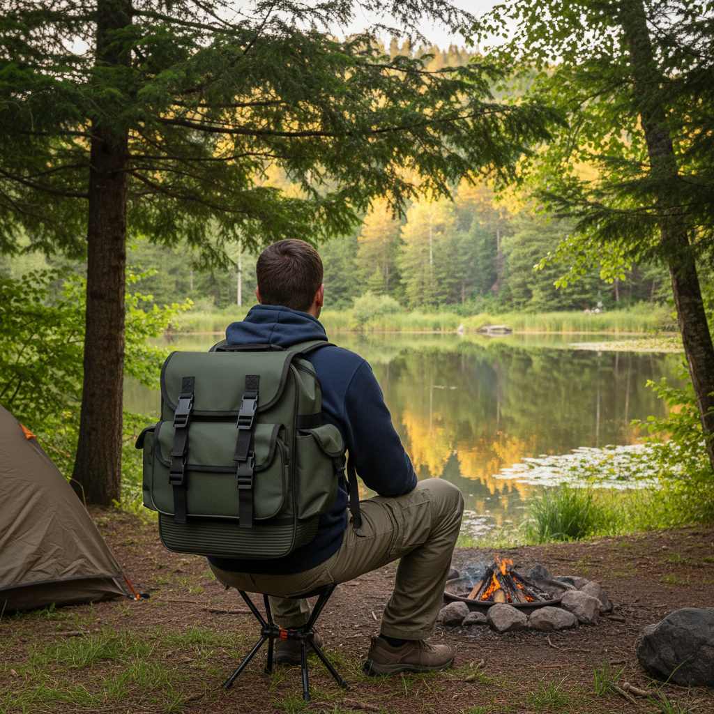 A green Backwoods Mungo Sack backpack with reinforced EVA rubber bottom and padded shoulder straps, displayed outdoors.