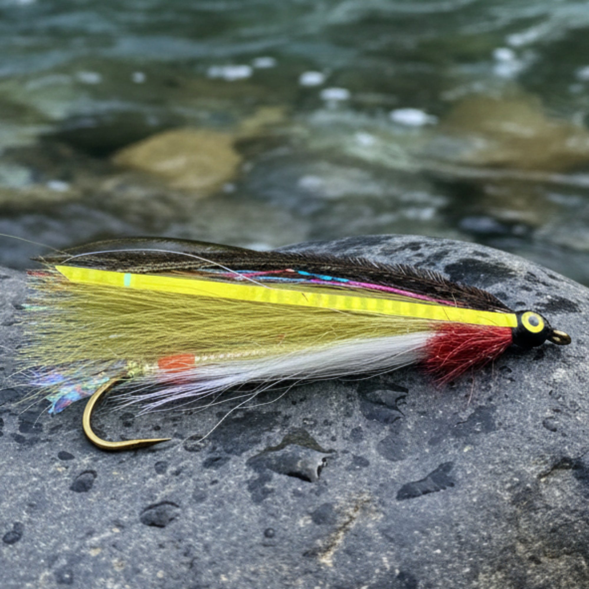 streamer fly olive and white shiner. Olive and white hair over silver ody with flash and yellow eye and black pupil