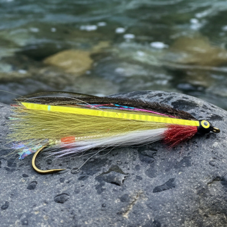 streamer fly olive and white shiner. Olive and white hair over silver ody with flash and yellow eye and black pupil