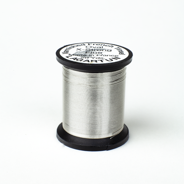 A spool of Lagartun French Varnished Oval Tinsel with a gold-colored metallic finish, used for fly tying in fishing.