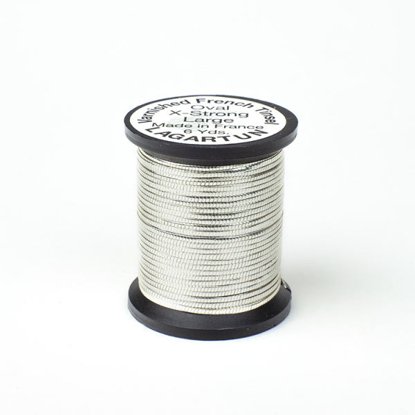 A spool of Lagartun French Varnished Oval Tinsel with a gold-colored metallic finish, used for fly tying in fishing.
