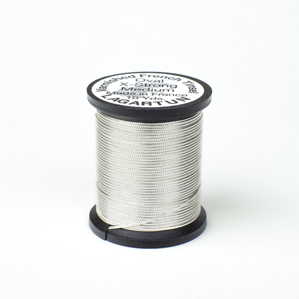 A spool of Lagartun French Varnished Oval Tinsel with a gold-colored metallic finish, used for fly tying in fishing.