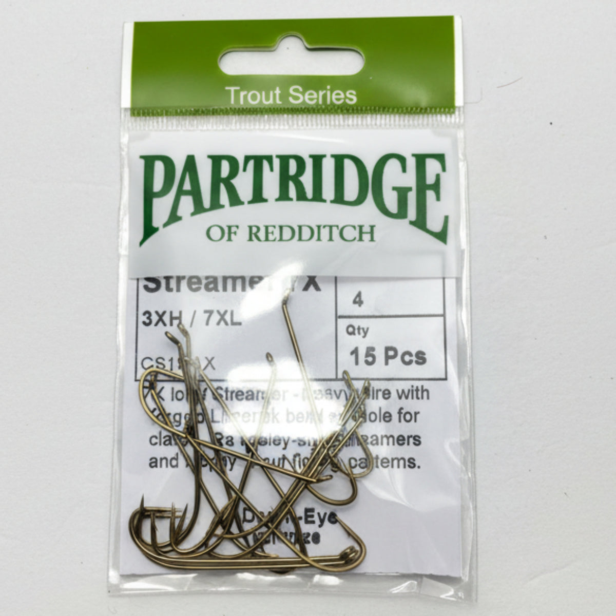 Packaged Partridge of Redditch fishing hooks on a white background
