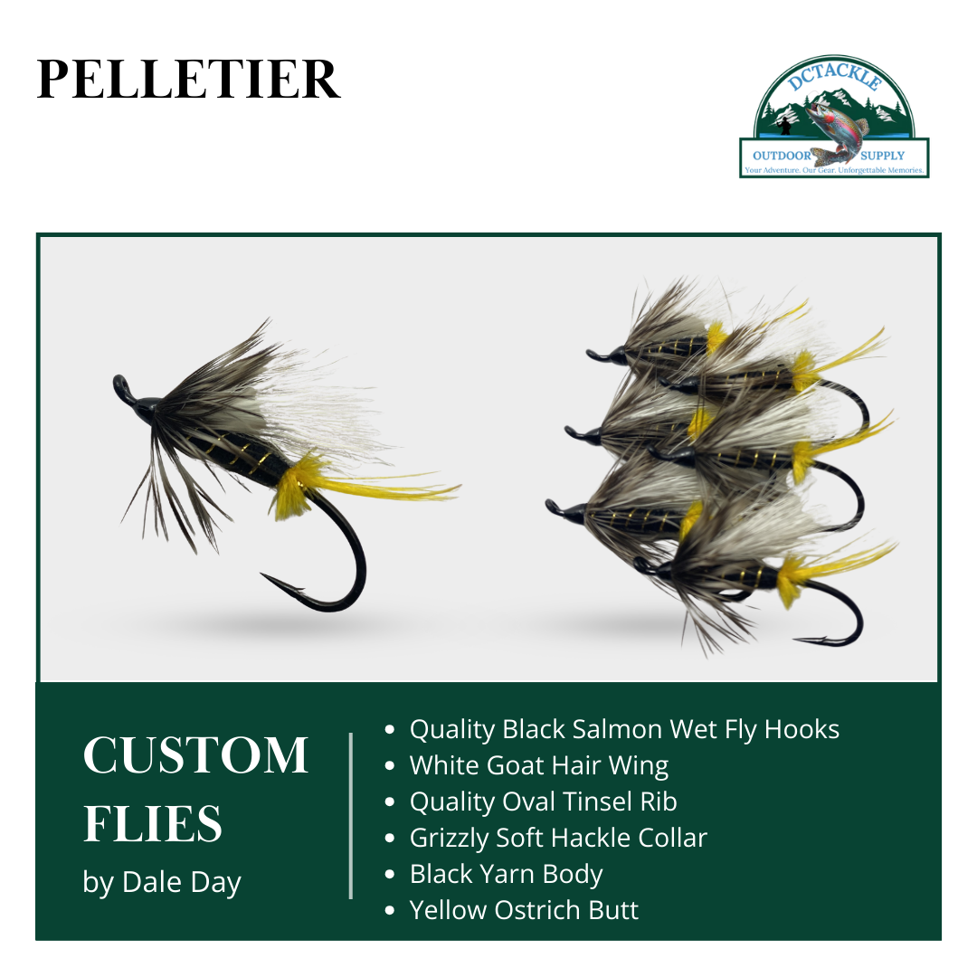 Pelletier custom flies with detailed specifications on a white background
