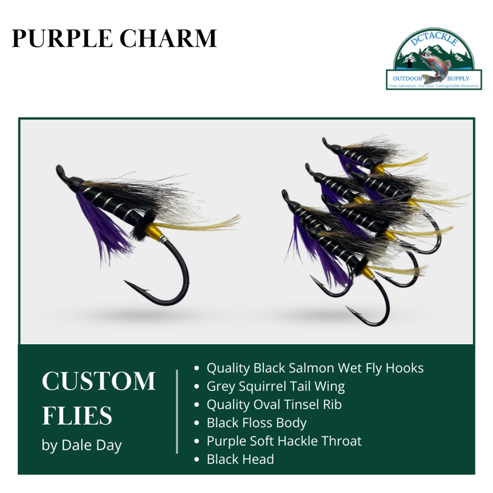 Purple Charm custom flies with detailed specifications on a white background
