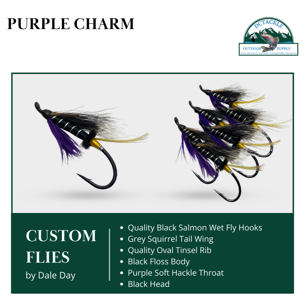 Purple Charm custom flies with detailed specifications on a white background