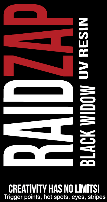 RAIDZAP Black Widow UV Resin packaging with red and white text on a black background