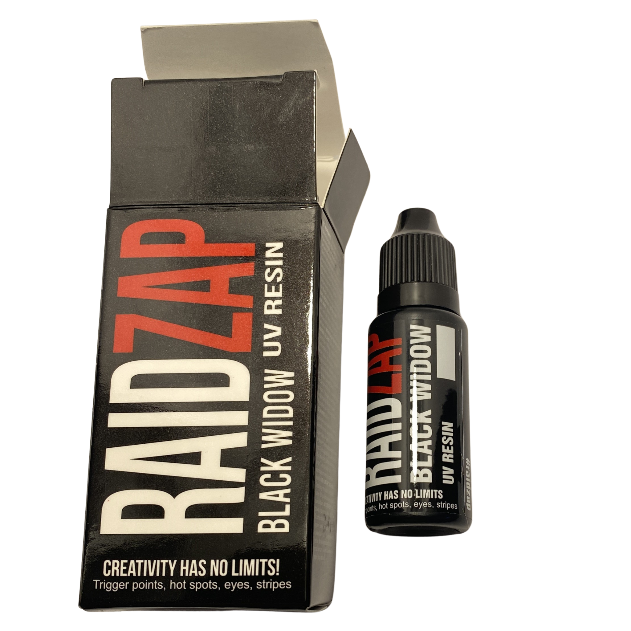 RAID ZAP Black Widow UV resin packaging and bottle on a white background