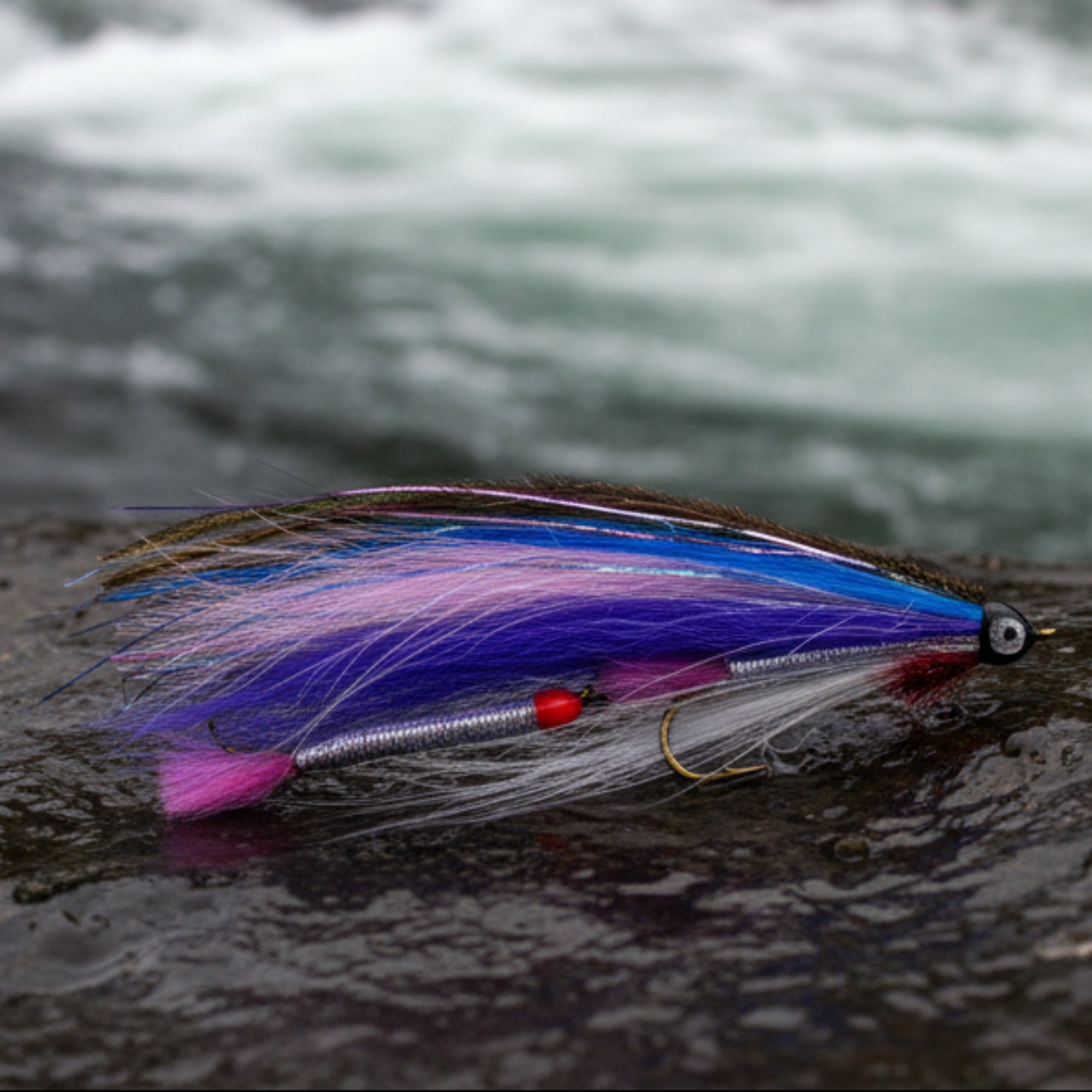 Tandem Streamer Fly. Purple, Pink and Blue with a silver body