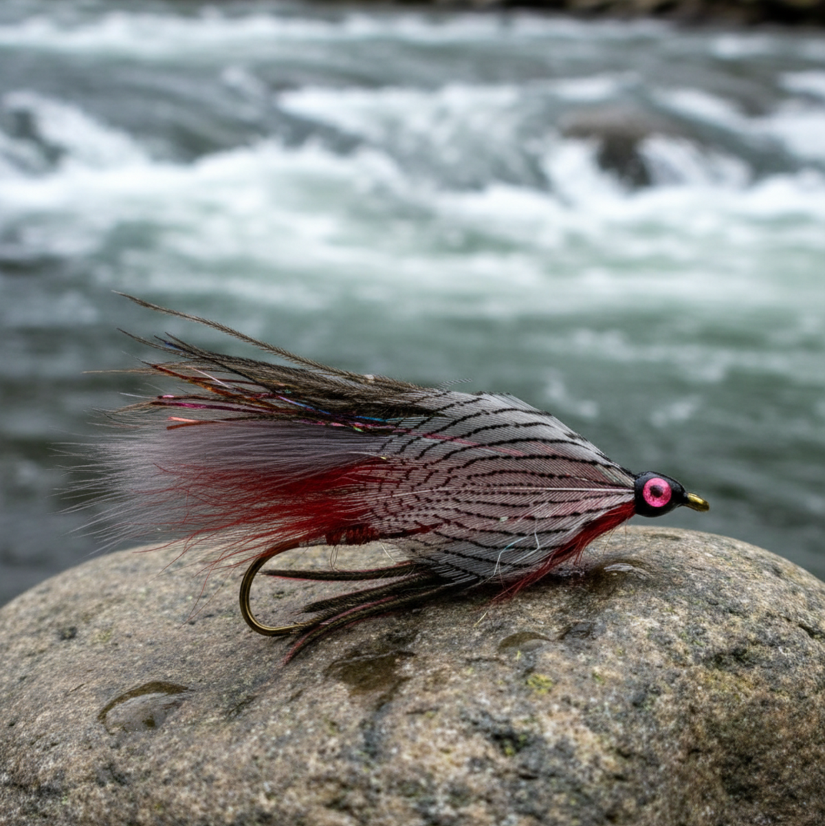 The image shows the Red-Grey Ghost Hairwing Variant streamer fly, with details about its construction including the use of quality 9X streamer hooks, red snow runner and dun cashmere goat wing, mirror flash and holographic flashabou, flat braided body in red, and stick-on eyes with UV over.