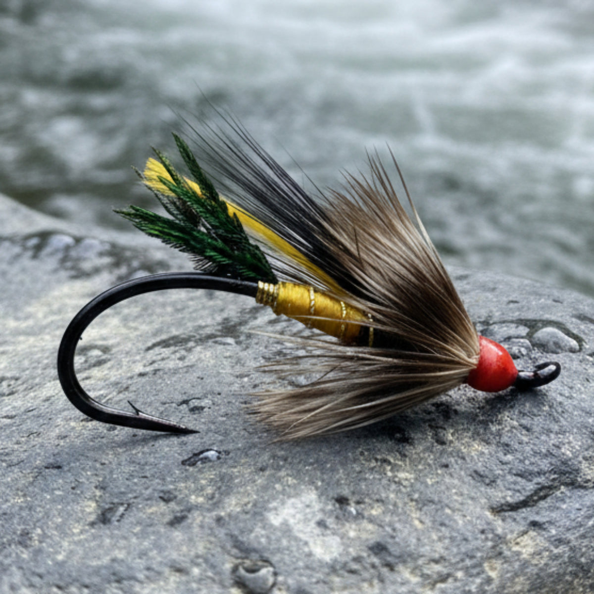 Fishing fly with feathers and artificial昆虫 on a white background