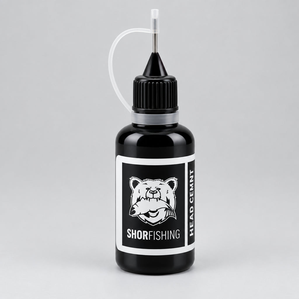 Fly Tying Head Cement. SHOR Brand in black on a white background