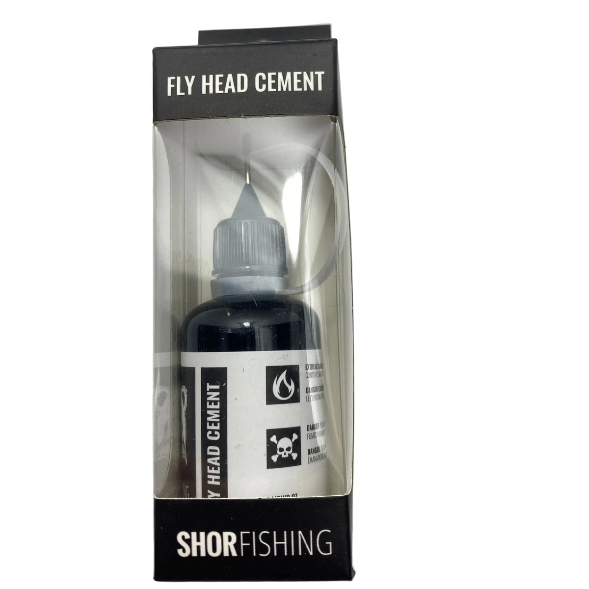 Packaged fly head cement on a white background