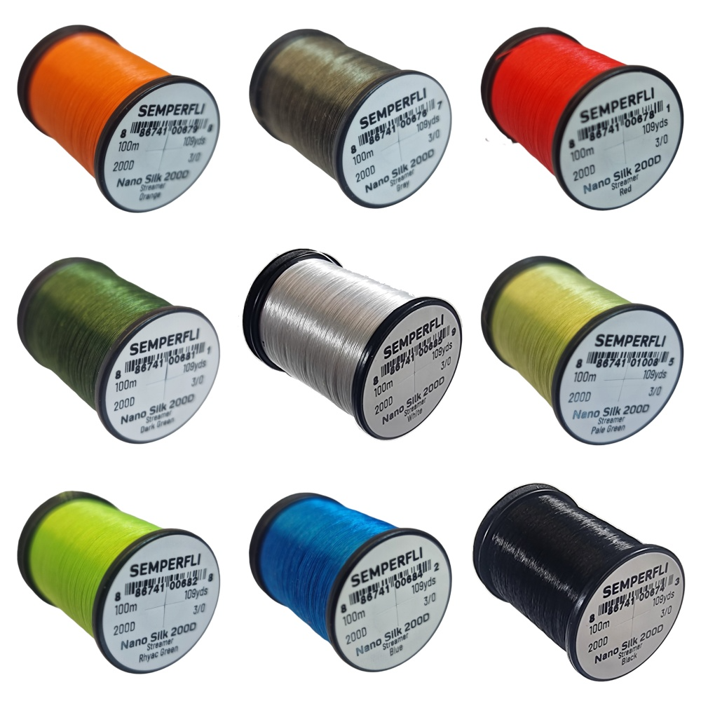 Semperfli thread spools in various colors on a white background