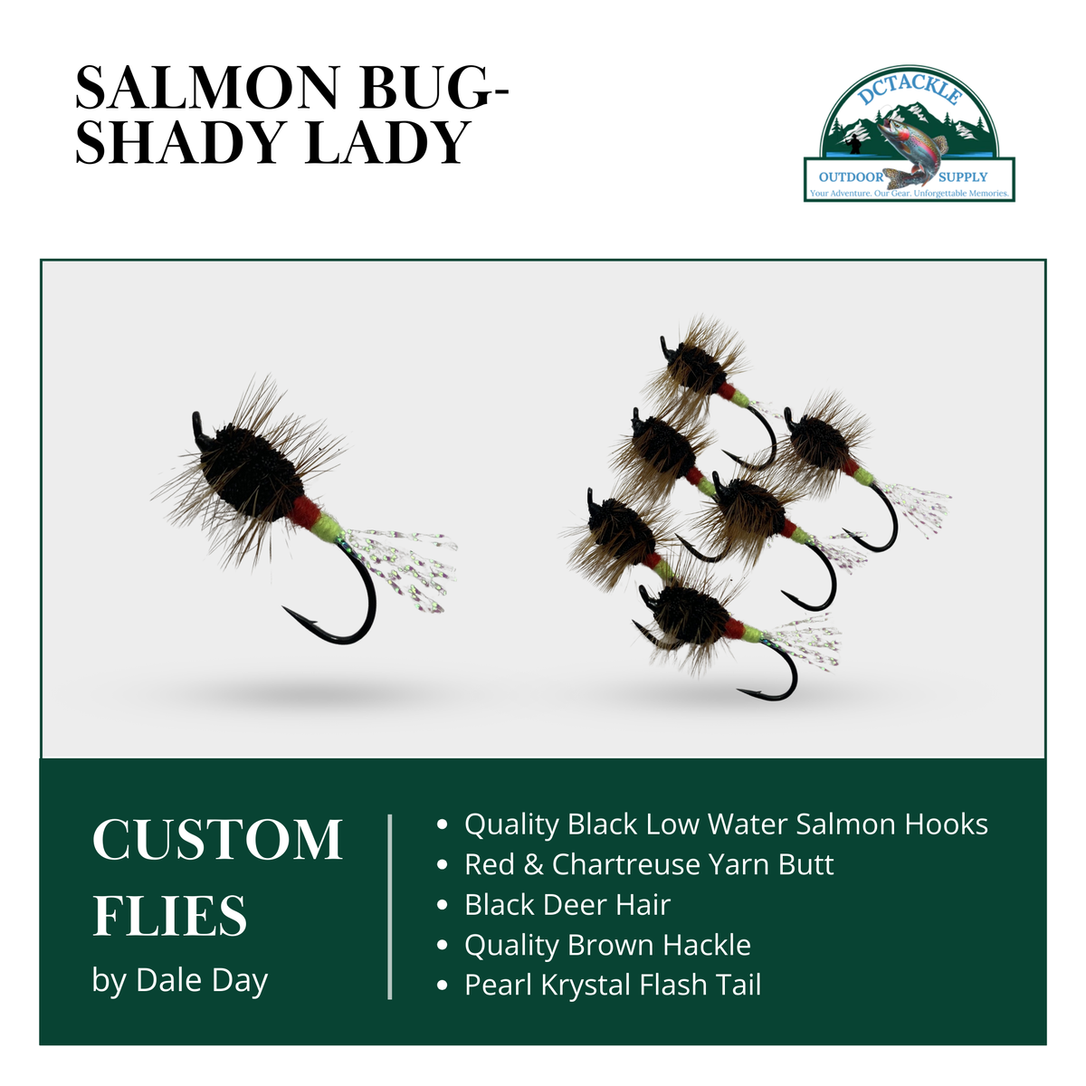 Custom flies for salmon fishing known as the Salmon Bug - Shady Lady, featuring black hooks, red and chartreuse yarn, and a pearl tail.