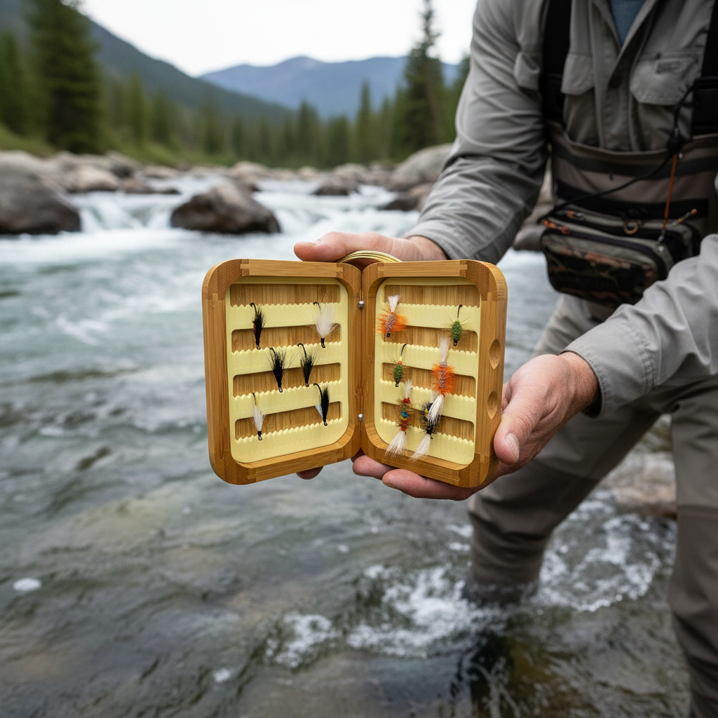 Person holding a wooden fly fishing box with flies by a river
