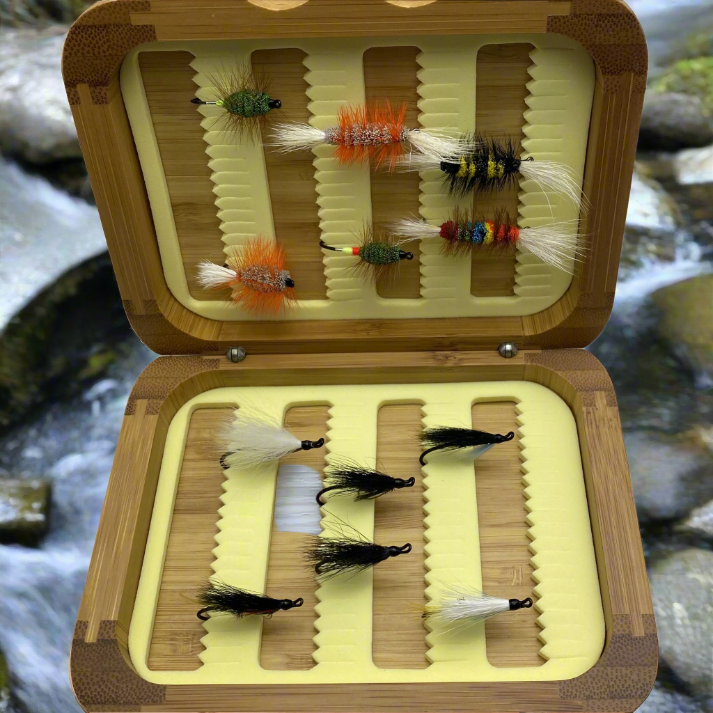 thumbnail interactive-video image 1 of 24 Salmon Flies Assorted In Fly Box – Single & Double Hooks, Troutflies UK NBX93 1 of 3