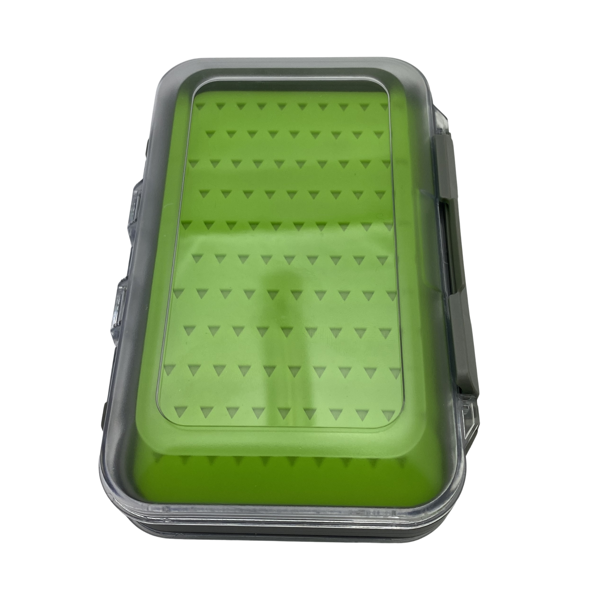 Green fishing lure box with clear lid on white background