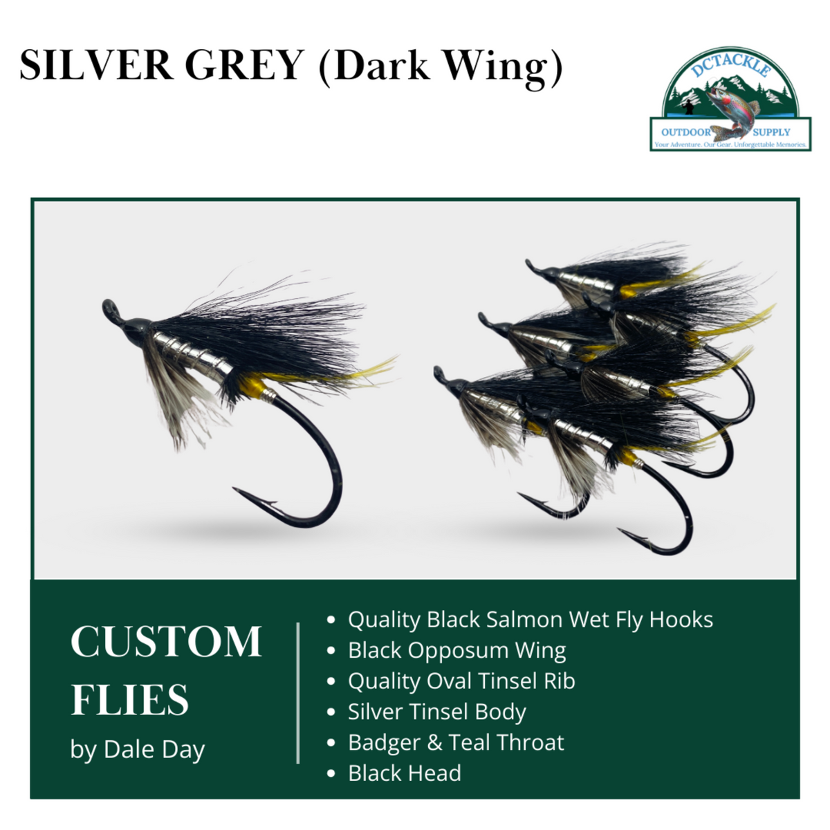 Two custom flies labeled 'Silver Grey (Dark Wing)' with product details on a white background.